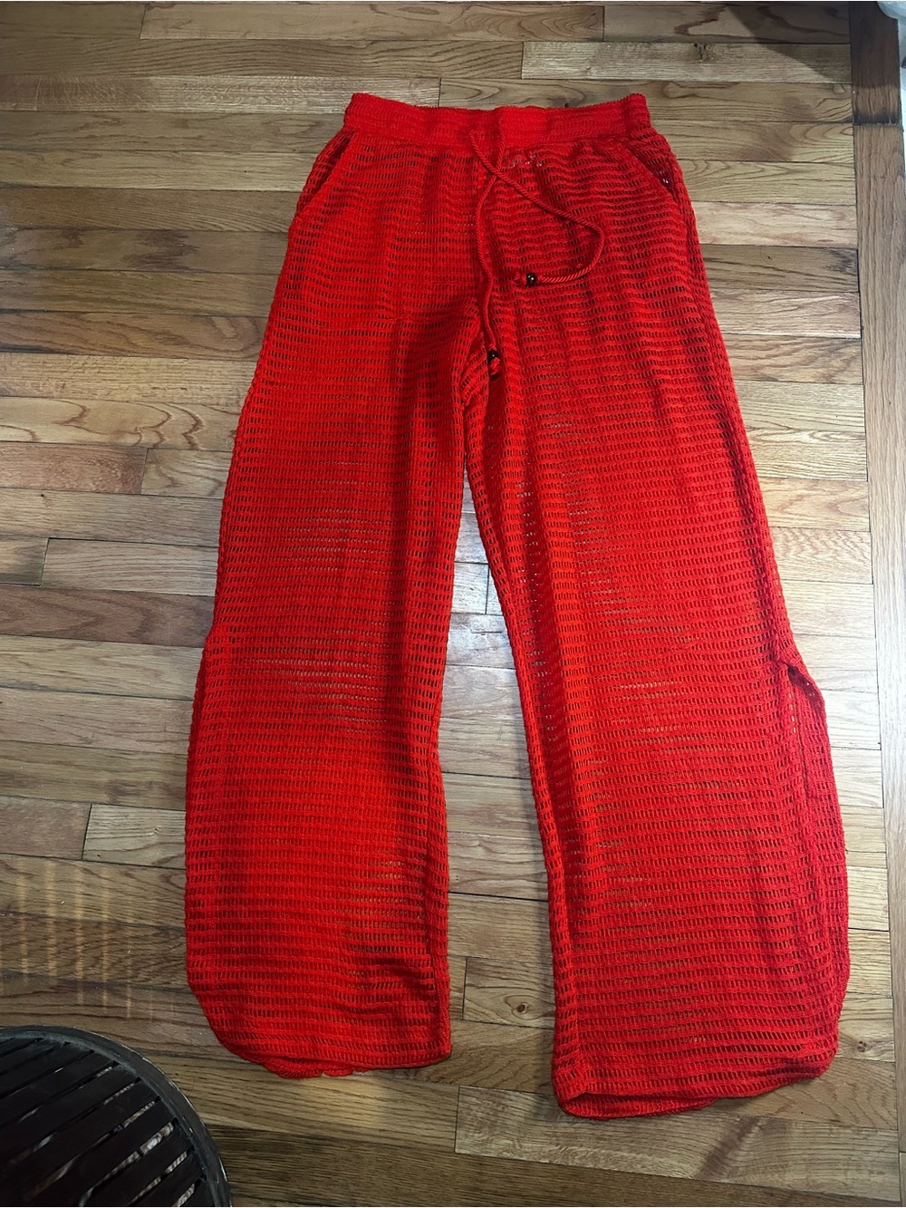 Haute Hippie Red Crochet Beach Pants Coverup Resortwear Drawstring Wide Leg Med